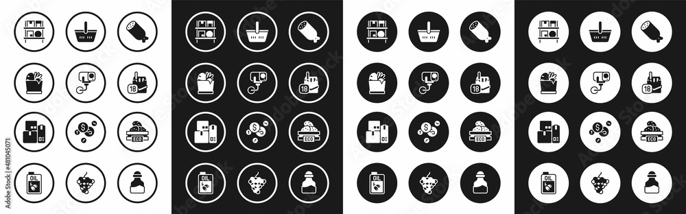 Set Salami sausage, Security camera, Shopping bag and food, Warehouse interior with boxes, Cigarettes pack, basket, Wooden for fruits and Cash register machine icon. Vector Set Salami sausage, Security camera, Shopping bag and food, Warehouse interior with boxes, Cigarettes pack, basket, Wooden for fruits and Cash register machine icon. Vector