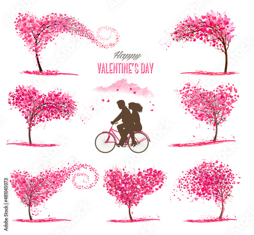 Set of Valentine's Day symbols and icons. Heart shaped trees with heart-shaped leaves, couple in love on a bicycle and pink clouds. Vector