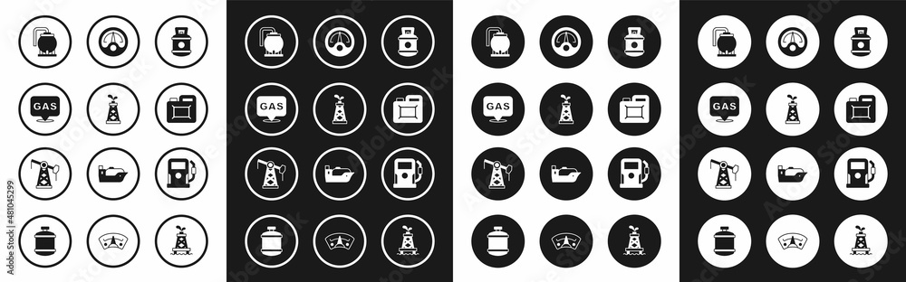 Set Propane gas tank, Oil rig, Location and station, storage, Canister for motor oil, Motor gauge, Petrol and pump pump jack icon. Vector