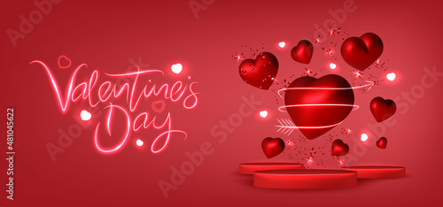 valentine's day background. Realistic 3d heart design, flying red heart and confetti. Vector illustration