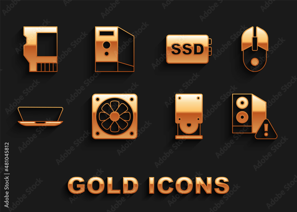 Set Computer cooler, mouse, Case of computer, Optical disc drive, Laptop, SSD card, and icon. Vector Set Computer cooler, mouse, Case of computer, Optical disc drive, Laptop, SSD card, and icon. Vector