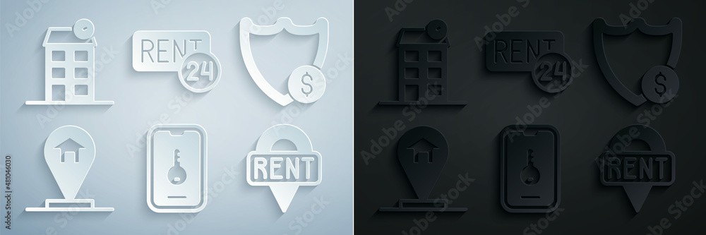 Set Online real estate, Shield with dollar, Location house, key, Rent and House icon. Vector Set Online real estate, Shield with dollar, Location house, key, Rent and House icon. Vector