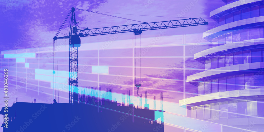 A construction crane on a construction site, a finished building and a schedule for the implementation of various stages of the project. Planning concept in the construction industry