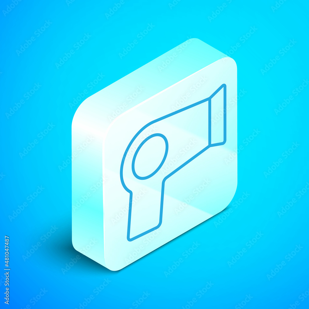 Isometric line Hair dryer icon isolated on blue background. Hairdryer sign. Hair drying symbol. Blowing hot air. Silver square button. Vector Isometric line Hair dryer icon isolated on blue background. Hairdryer sign. Hair drying symbol. Blowing hot air. Silver square button. Vector
