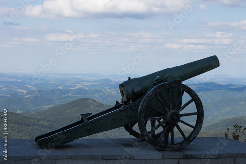 Cannon at Shipka and background view of Balkan Mountains, Bulgaria