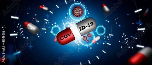 Medicine in the form of a capsule to combat the Covid-19 virus. Coronavirus pill. Capsule antiviral drug pill for anti Coronavirus