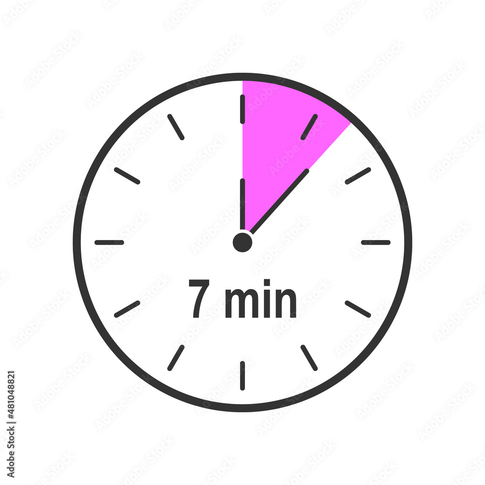 Timer icon with 7 minute time interval. Countdown clock or stopwatch symbol. Infographic element for cooking preparing instruction. Vector flat illustration. Timer icon with 7 minute time interval. Countdown clock or stopwatch symbol. Infographic element for cooking preparing instruction. Vector flat illustration.