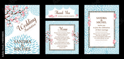 Ensemble de carte pour un mariage - invitation, faire part, remerciement et menu - au décor floral aux couleurs pastels, bleu et rose - Texte anglais. 