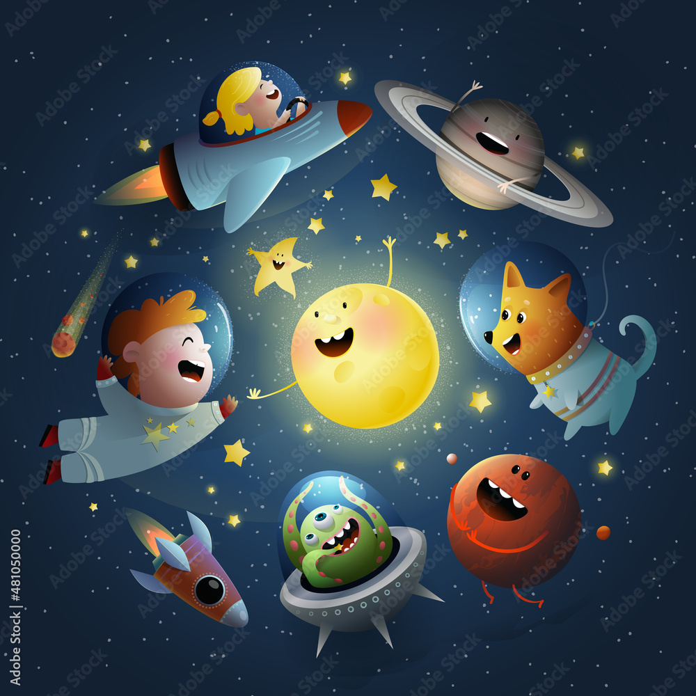 Space travel with kids, dog and UFO alien. Baby Cartoon illustration, sun  and stars outer space wallpaper for children, fantastic galaxy kids design.  Vector wallpaper design in watercolor style. Stock Vector |