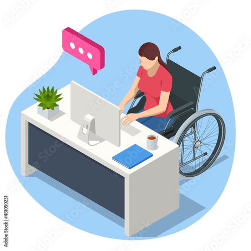 Isometric woman in wheelchair working on laptop computer at home or office. Handicapped businessman character at workplace. Communication over the network. Health care