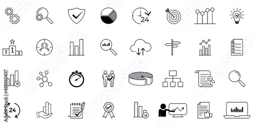Set of data analysis and statistics icons. Contains such Icons as Charts, Traffic Analysis, Big Data and more.Outline Icons Collection. Vector illustration. Editable Stroke