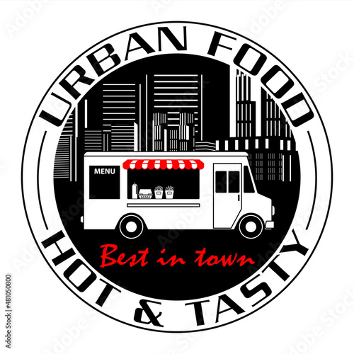 
Logo ou tampon pour un « Urban Food » de la cuisine préparée à bord d’un camion stationné en ville.