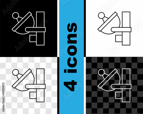 Set line Radar icon isolated on black and white, transparent background. Search system. Satellite sign. Vector