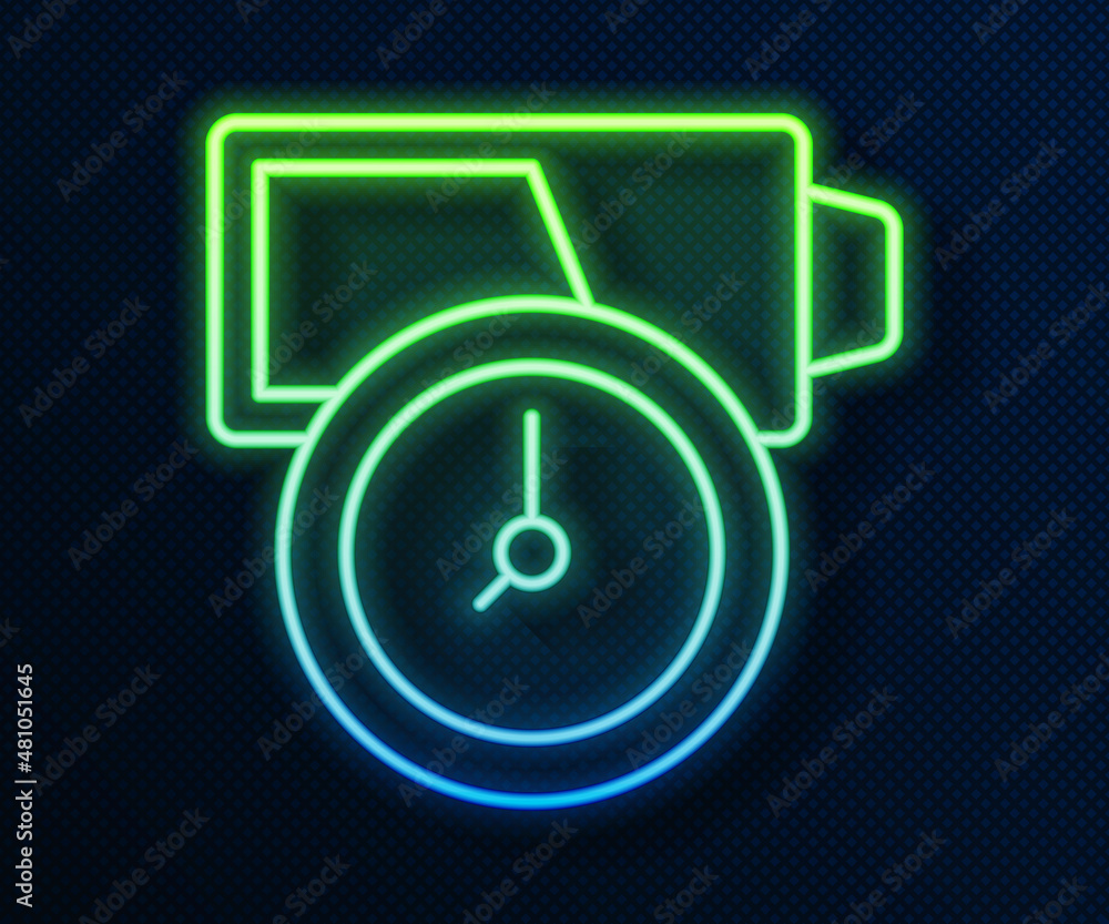 Glowing neon line Battery charge level indicator icon isolated on blue background. Vector Glowing neon line Battery charge level indicator icon isolated on blue background. Vector