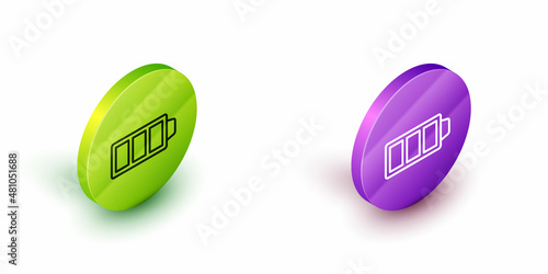 Isometric line Battery charge level indicator icon isolated on white background. Green and purple circle buttons. Vector