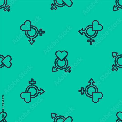 Blue line Gender icon isolated seamless pattern on green background. Symbols of men and women. Sex symbol. Vector