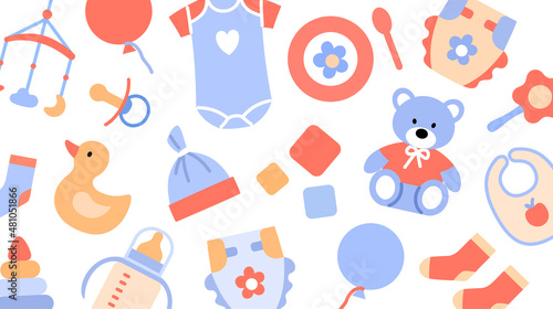 Baby store discount card design template. Color flat creative identity layout. Clothing toys stroller nursery accessories. Visit business card cover, contact mobile phone, website vector illustration.