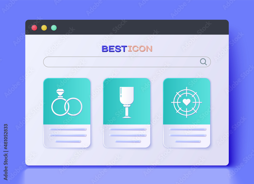 Set Wine glass, Wedding rings and Heart in the center of darts target aim icon. Vector Set Wine glass, Wedding rings and Heart in the center of darts target aim icon. Vector
