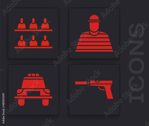Set Pistol or gun with silencer, Jurors, Prisoner and Police car and flasher icon. Vector