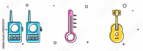 Set Walkie talkie, Meteorology thermometer and Guitar icon. Vector