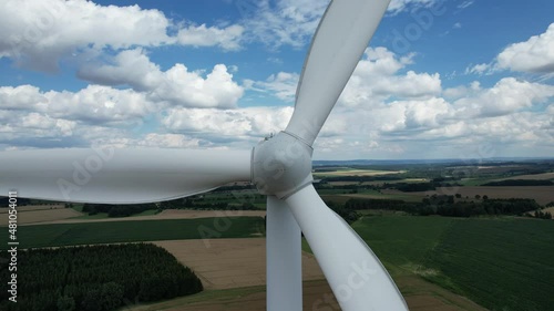 wind turbine aerial panorama view, renewable energy resources, wind powerplant,huge wind turbine,engineering technology,big source of power	 photo