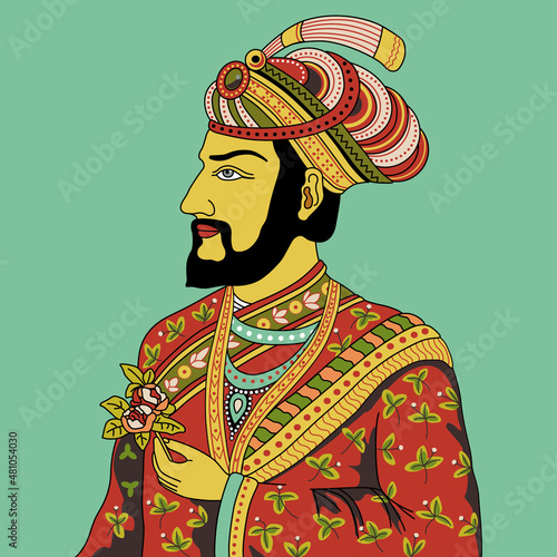 Vintage portrait of medieval Indian Mogul prince holding a rose. On green background.