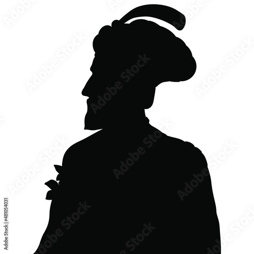 Photo Silhouette of a bearded medieval Indian Mogul prince, rajah or sultan wearing turban with feather