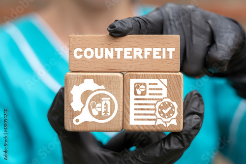 Pharmacy and medical concept of counterfeit. Drugs and pills counterfeit crime. Pharmaceuticals counterfeiting.