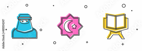 Set Muslim woman in niqab, Octagonal star and Holy book of Koran icon. Vector