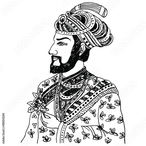 Hand drawn linear black and white sketch of a medieval Indian prince, rajah or sultan. Male portrait. photo