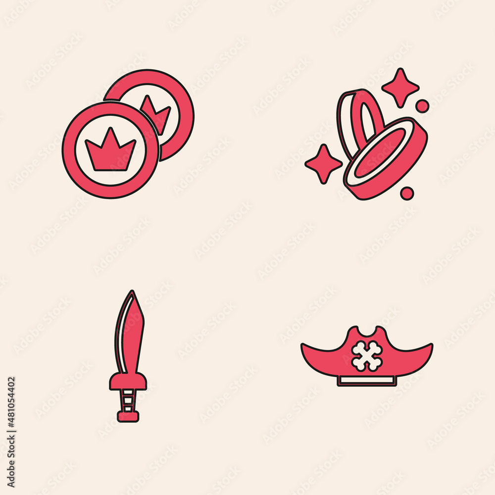 Obraz premium Set Pirate hat, coin, and sword icon. Vector