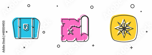 Set Antique treasure chest, Pirate map and Wind rose icon. Vector