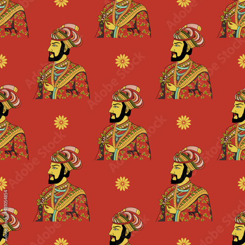 Seamless ethnic pattern with vintage portraits of medieval Indian Mogul prince holding rose. On red background.