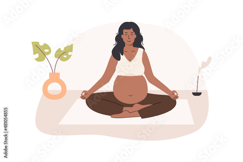 Pregnant black woman meditating at home. Prenatal yoga. Dark skin mom sitting with legs crossed practicing meditation. Relaxing exercise during pregnancy. Mother with belly. Flat vector illustration.