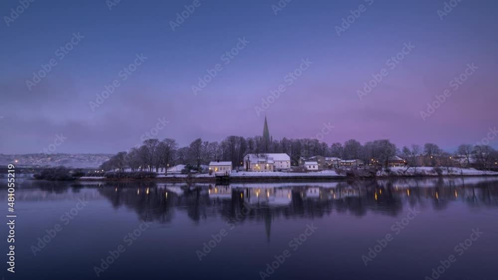 Tower Of Nidaros Cathedral At The City Center Of Trondheim, Norway During Winter. timelapse Tower Of Nidaros Cathedral At The City Center Of Trondheim, Norway During Winter. timelapse