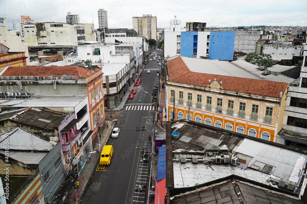 Aerial view of the historic district of Manaus, Amazonas, Brazil, with the Sete de Setembro street.