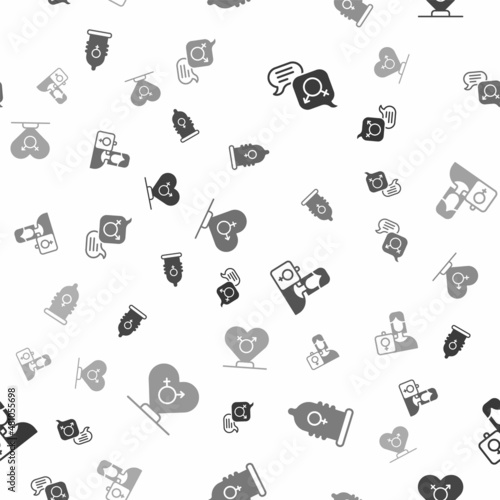 Set Gender equality, Condom, Feminist activist and on seamless pattern. Vector
