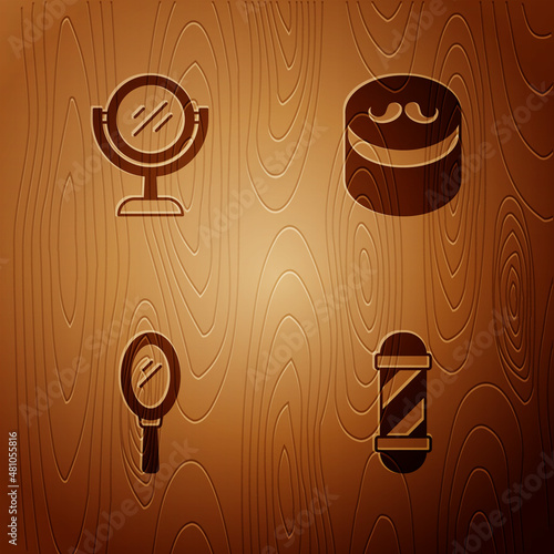 Set Classic Barber shop pole, Hand mirror, and Gel wax for hair styling on wooden background. Vector