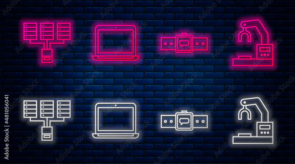 Set line Laptop, Smartwatch, Server, Data, Web Hosting and Robotic robot arm hand factory. Glowing neon icon on brick wall. Vector Set line Laptop, Smartwatch, Server, Data, Web Hosting and Robotic robot arm hand factory. Glowing neon icon on brick wall. Vector