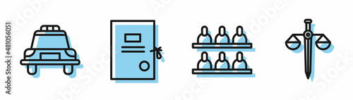 Set line Jurors, Police car and flasher, Lawsuit paper and Scales of justice icon. Vector