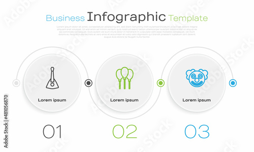 Set line Balalaika, Balloons with ribbon and Clown head. Business infographic template. Vector