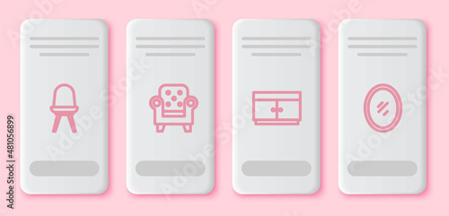 Set line Chair, Armchair, Chest of drawers and Mirror. White rectangle button. Vector