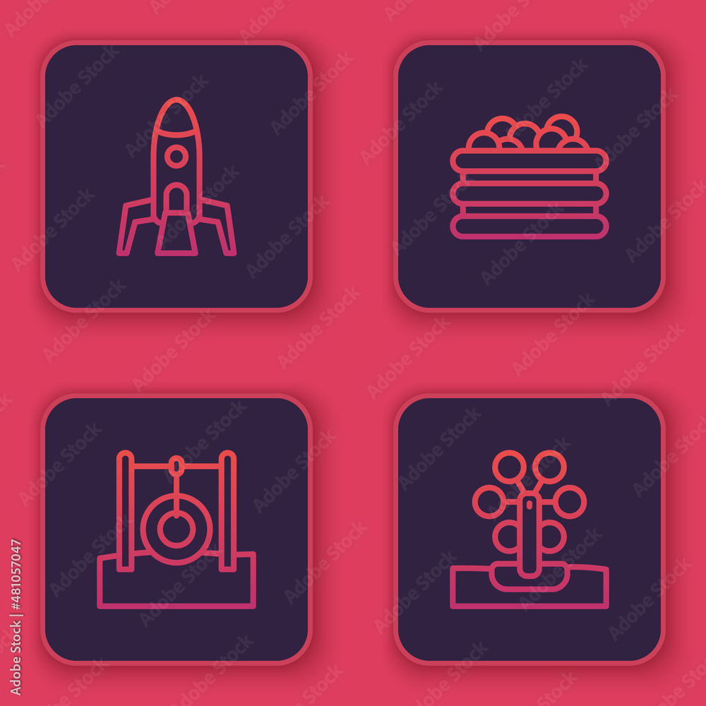 Set line Rocket ship, Car tire hanging on rope, Pool with balls and Ferris wheel. Blue square button. Vector Set line Rocket ship, Car tire hanging on rope, Pool with balls and Ferris wheel. Blue square button. Vector