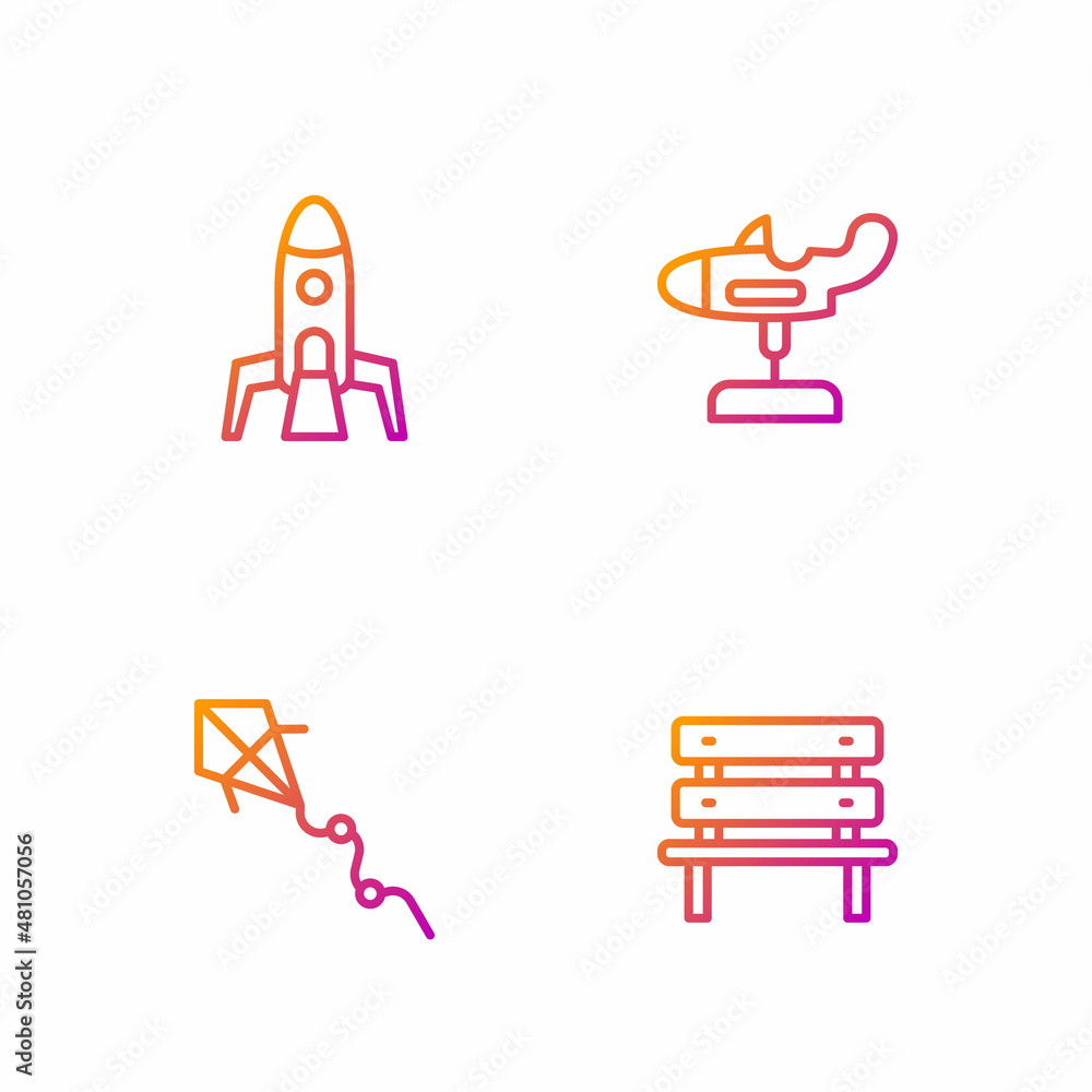 Set line Bench, Kite, Rocket ship and Swing plane. Gradient color icons. Vector Set line Bench, Kite, Rocket ship and Swing plane. Gradient color icons. Vector