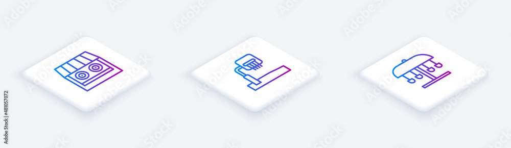 Set Isometric line Shooting gallery, Basketball backboard and Attraction carousel. White square button. Vector Set Isometric line Shooting gallery, Basketball backboard and Attraction carousel. White square button. Vector
