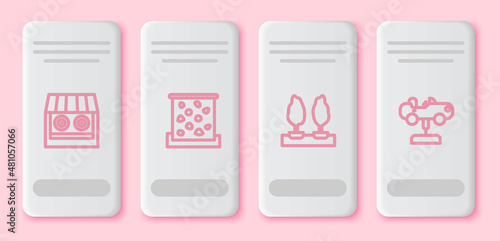 Set line Shooting gallery, Climbing wall, Forest and Swing car. White rectangle button. Vector
