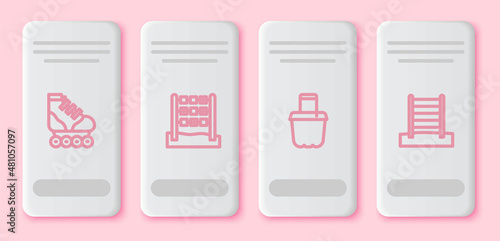 Set line Roller skate, Tic tac toe game, Sand in bucket and Swedish wall. White rectangle button. Vector