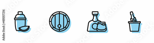 Set line Whiskey bottle and glass, Cocktail shaker with lime, Wooden barrel and Champagne in ice bucket icon. Vector
