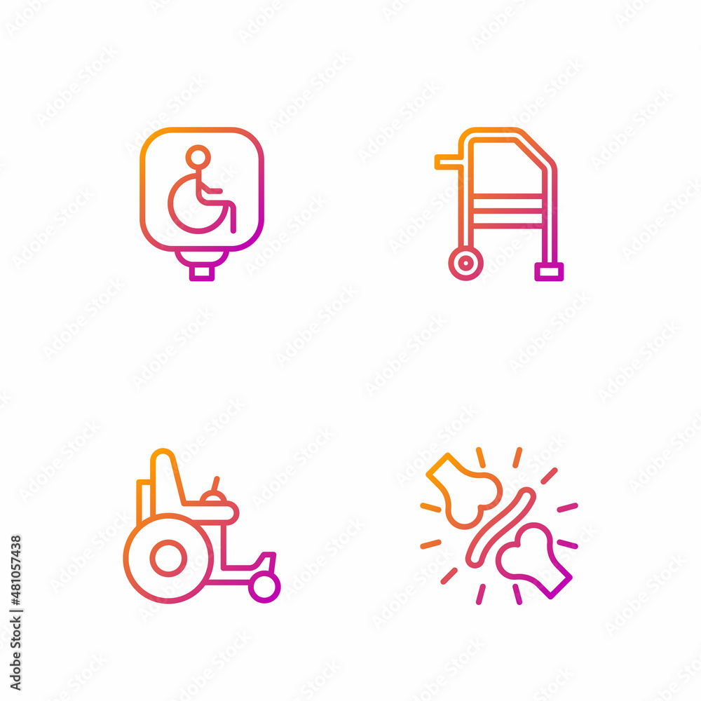 Set line Joint pain, knee pain, Electric wheelchair, Disabled and Walker. Gradient color icons. Vector