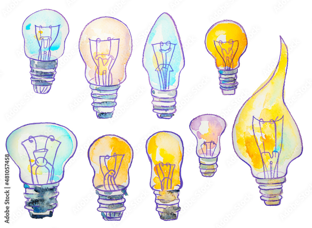 Collection of watercolor electric lamps isolated Collection of watercolor electric lamps isolated
